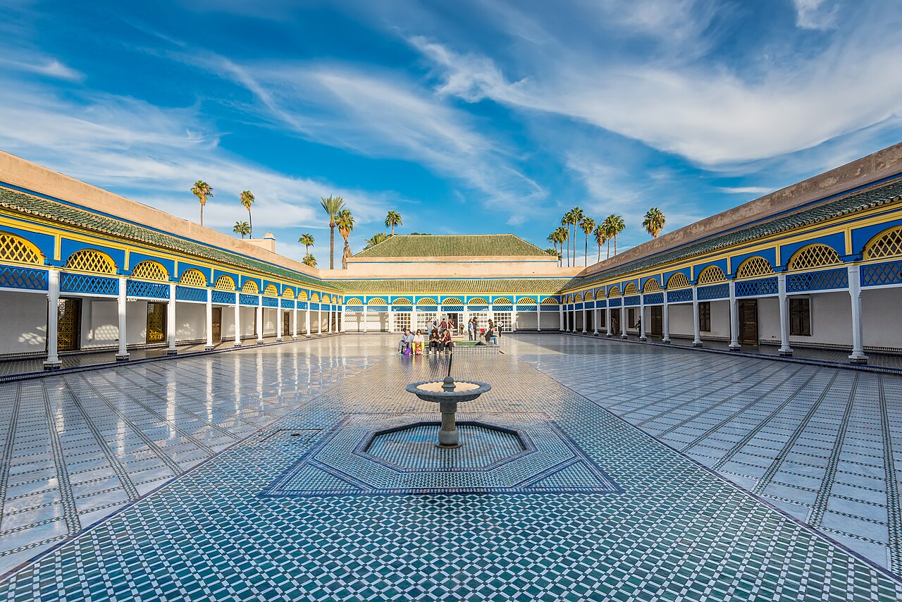 The fountain and blue-and-gold galleries of Bahia Palace’s Grand Courtyard